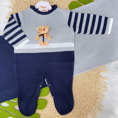 Saída de Maternidade Ursinho - Azul Marinho com Cinza